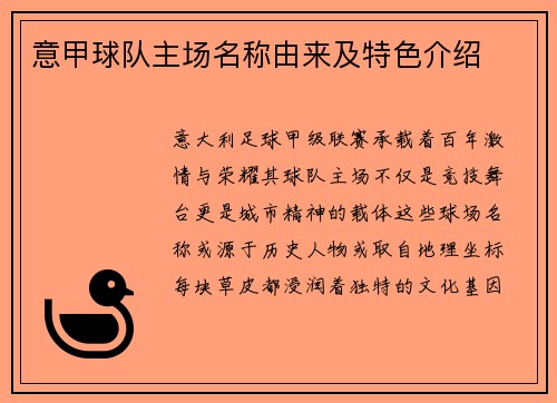意甲球队主场名称由来及特色介绍