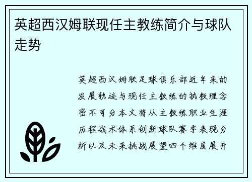 英超西汉姆联现任主教练简介与球队走势
